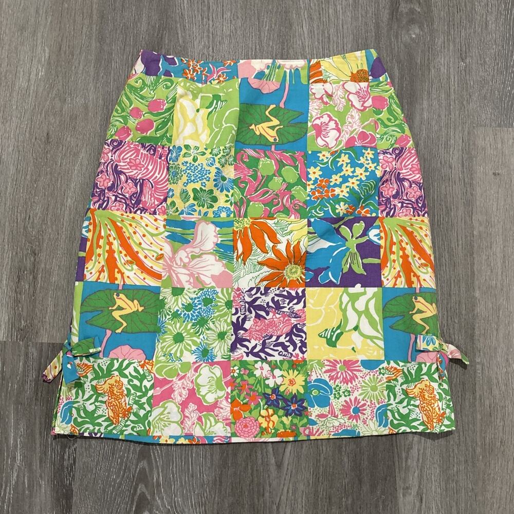 Vintage Lilly Pulitzer Patchwork Knee Length Skirt Y2K Size 8 Whimsical Tropical